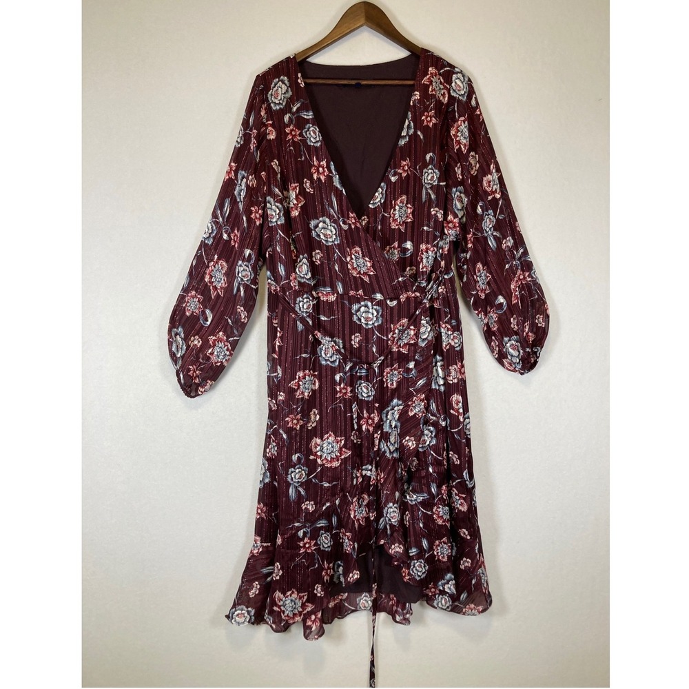 Floral Boho Rachel Rachel Roy 14W Burgundy Metallic Stripe Ruffle Wrap Dress‎